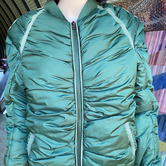 Platinum Olive Nylon Shirred Puffer Bomber Jacket - Picture 3 of 6